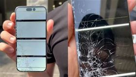 ▲雷神今日拿到iPhone 15後，在好市多門口成為「全台首摔」案例，他將iPhone 15往下直線摔落4次後，螢幕從左下角開始「蜘蛛網式」碎裂。（圖／翻攝自TikTok「陳雷秀鳳｜雷神修蘋果」)