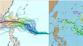 圖：最新(28日20時)歐洲(ECMWF)系集模式模擬(左圖)顯示，熱帶擾動系集平均路徑偏西進行，穿過巴士海峽。最新美國(GEFS)系集模式模擬(右圖)則顯示，熱帶擾動除了偏西進行的的機率外，在距離呂宋島東方約1千里處，亦有向北迴轉遠離的機率。(左圖擷自weathernerds，右圖擷自tropical tidbits)