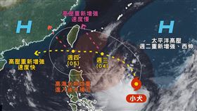 小犬颱風下週影響台灣天氣，恐達中颱上限，並可分2種情境。（圖／翻攝自「台灣颱風論壇｜天氣特急」粉專）