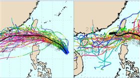 最新(30日20時)歐洲(ECMWF)系集模式模擬(左圖)顯示，「小犬」的系集平均路徑，以偏西方向通過台灣南端近海。最新美國(GEFS)系集模式模擬(右圖)則顯示，「小犬」除了偏西進行的的機率較高外，在台灣東側海面，亦有較小的機率向北迴轉遠離。(圖擷自weathernerds)