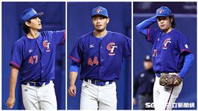 ▲杭州亞運棒球兩岸大戰，台灣隊3任投手鄭浩均、陳柏毓、古林睿煬。（組合圖／記者劉彥池攝影）