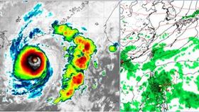 左圖：7日2時紅外線雲圖顯示，「中颱小犬」仍有清晰的颱風眼。

右圖：最新(6日20時)歐洲(ECMWF)模式10日20時模擬圖顯示，國慶日為東北風型態，迎風面水氣多。兩熱帶擾動一在關島附近，另一在呂宋島東側。(圖擷自tropical tidbits)