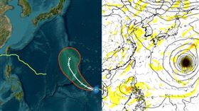 左圖：中央氣象署最新(8日2時)路徑潛勢預測圖顯示，「輕颱布拉萬」在關島東南方海面，未來5天向西轉西北西再逐漸轉北、朝日本南方海面前進；「小犬」在香港南方海面，向西緩慢移動，再向海南島前進。

右圖：最新(7日20時)歐洲(ECMWF)模式13日20時模擬圖顯示，「布拉萬」在日本南方海面，有向東北迴轉、加速遠離的趨勢；另一熱帶擾動則通過菲律賓、進入南海後，逐漸發展。(擷自tropical tidb