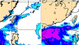 最新(12日20時)歐洲(ECMWF)模式、下週(15)日8時模擬圖顯示，一小股東北風影響，水氣不多，大台北、東北部及東部轉有局部短暫雨(左圖)；下週一(16日)20時模擬圖則顯示，東北風轉乾，山區午後有零星少量降雨(右圖)。（圖／翻攝自「三立準氣象.老大洩天機」）