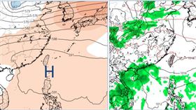 圖：最新(13日20時)歐洲(ECMWF)模式、下週三(18日)20時模擬圖顯示，中層太平洋高壓籠罩(左圖)，低層弱東北風(右圖)，為「秋老虎」型態。(圖／擷自tropical tidbits)