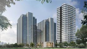 台塑敦北總部都更新後大樓外觀3D模擬圖，從民生國小角度可見3棟大樓，包括2棟商辦及1棟住宅，業者預估開發價值上看千億元。（圖／台塑企業提供）