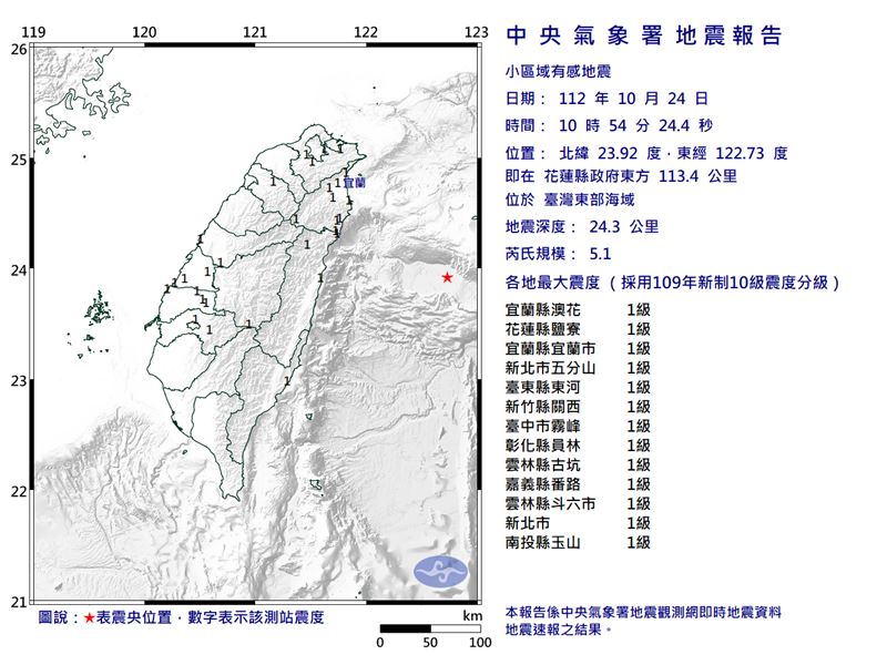 10:54發生芮氏規模5.1地震。（圖／氣象署）