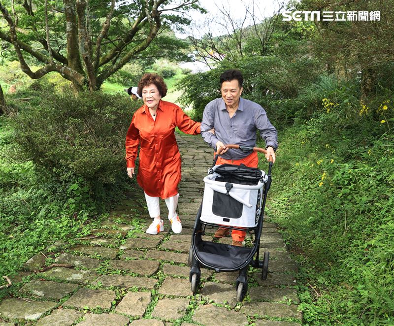 周遊阿姑和李朝永為環保愛地球、植樹抗暖化一起在陽明山大屯自然公園種樹。（記者邱榮吉/攝影）