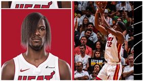 ▲熱火球星巴特勒（Jimmy Butler）長髮遮臉造型僅限媒體日。（圖／翻攝自熱火推特）