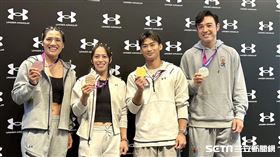 亞運英雄左起陳念琴、郭婞淳、楊勇緯、林安可。（圖／記者蔡厚瑄攝影）
