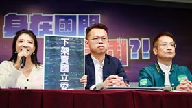 民進黨召開「身在國門還賣國？！」記者會，發言人林楚茵、桃園市立委參選人范綱祥、劉仁照與會。（圖／民進黨提供）


