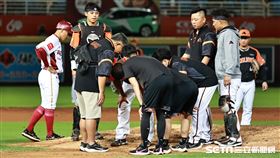 ▲中華職棒34年季後挑戰賽，統一獅先發投手克維斯被強襲球擊中頭部退場。（圖／記者劉彥池攝影）