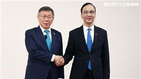 國民黨主席朱立倫、民眾黨主席柯文哲政黨協商會議。（圖/記者邱榮吉攝影）