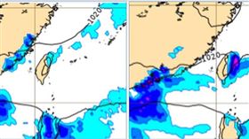 圖：最新(2日20時)歐洲(ECMWF)模式，6日20時地面模擬圖顯示，東北風南下、北台灣有少量降雨(左圖)；7日8時的地面模擬圖則顯示，降雨範圍包括大台北及東半部，東北部有較大雨勢的機率(右圖)。