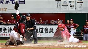 ▲台灣大賽首戰，味全龍左外野手林孝程在本壘前遭到長傳觸殺。（圖／記者劉彥池攝影）