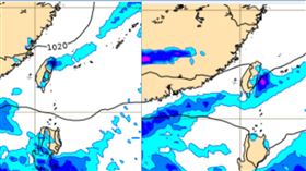 圖：最新(4日20時)歐洲(ECMWF)模式，6日20時地面模擬圖顯示，東北風南下、6日傍晚起北台灣有少量降雨(左圖)；7日8時的地面模擬圖則顯示，降雨範圍擴及東半部(右圖)。

