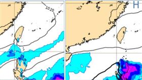 圖：最新(14日20時)歐洲(ECMWF)模式，週五(17日)20時(左圖)及下週二(21)日20時(右圖)地面氣壓及降水圖顯示，受「大陸高壓」影響，各地晴朗無雨。