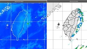圖：21日4：10紅外線色調強化雲圖顯示，各地大致晴朗，東半部海面上有低雲(左圖)。4：10雷達回波合成圖顯示，東北角及東半部海面上有弱降水回波(右圖)。