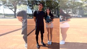 ▲安芝儇探班台鋼雄鷹和王溢正相見歡。（圖／翻攝自台鋼雄鷹臉書）