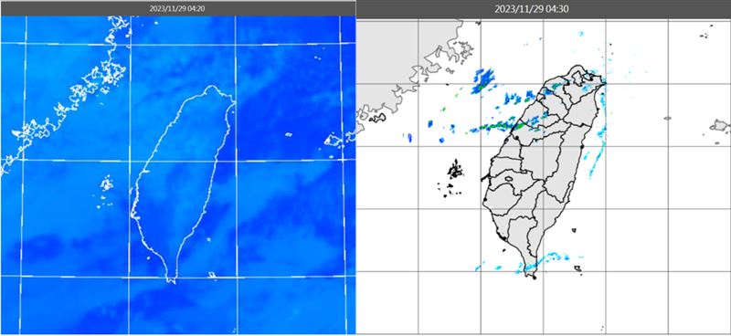 圖：29日4：20紅外線色調強化雲圖顯示，中層鬆散雲系移入台灣上空(左圖)。4：30雷達回波合成圖顯示，台灣上空有零星降水回波(右圖)