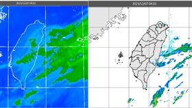 圖：今(7日)晨4：10時紅外線色調強化雲圖顯示，東半部有殘餘雲層(左圖)。4：10雷達回波合成圖顯示，雲層伴隨弱降水回波(右圖)。