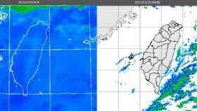 ▲圖：今(10日)晨4：30時紅外線色調強化雲圖顯示，各地晴朗，海上有零散低雲(左圖)。4：40雷達回波合成圖顯示，陸上無降水回波(右圖)。