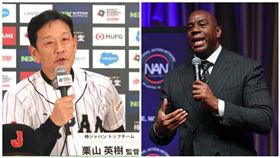 ▲經典賽日本隊監督栗山英樹、道奇隊股東魔術強森（Magic Johnson）。（組合圖／日本隊官網、美聯社／達志影像）