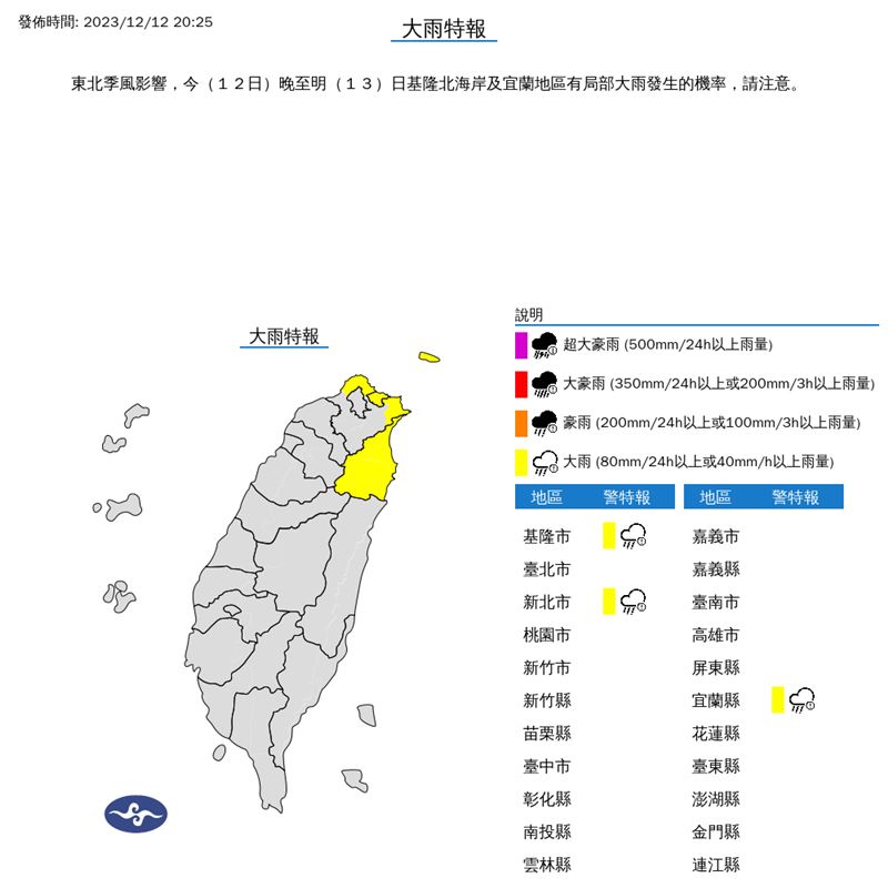 3縣市大雨特報。（圖／翻攝自中央氣象署）