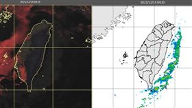 ▲圖：今(14日)晨4：10時真實色雲圖顯示，台灣海峽有低雲或霧，東半部海上有鬆散雲層(左圖)。4：10雷達回波合成圖顯示，東半部海上有降水回波(右圖)。