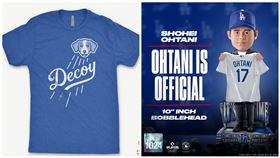 ▲大谷翔平加盟道奇推出記者會公仔、愛犬也被印上T恤。（圖／翻攝自RotoWear、FOCO BOBBLES推特）