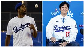 ▲道奇隊在私下見面時，放出布萊恩（Kobe Bryant）6年前招募大谷翔平的影片。（圖／美聯社、道奇隊X）
