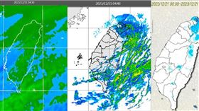 圖：今(21日)晨4：30紅外線色調強化雲圖顯示，迎風面有低層雲，鬆散的中層雲正在通過(左圖)。4：40雷達回波合成圖顯示，雲層伴隨降水回波(中圖)。4：30累積雨量圖顯示，迎風面有局部降雨，中南部山區亦有零星降雨(右圖)。