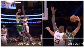 ▲泰坦（Jayson Tatum）單手爆扣挨詹姆斯（LeBron James）追魂鍋。（圖／翻攝自ClutchPoints推特）