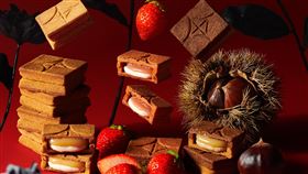 PRESS BUTTER SAND 龍年禮盒，內含經典原味焦糖奶油夾心餅乾（圖左）＋草莓焦糖奶油夾心餅乾（圖中）＋栗子焦糖奶油夾心餅乾（圖右），共12入，每盒售價NT$1,180元。（圖／品牌業者提供）

