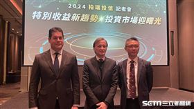 柏瑞投信建議，可搶先布局2024降息後的特別股、非投資級債投資契機，（左起）非投資級債策略投資經理人葉凡克（John Yovanovic）、特別股策略投資經理人卡洛夫（Vladimir Karlov）、投資長黃軍儒。（圖／記者王翊綺攝影）