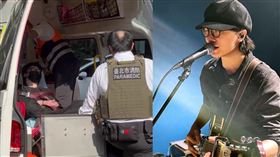 消防人員在謝震廷身旁將他在擔架上綁緊，員警則將他給上手銬。（圖／三立）