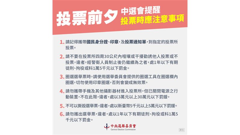 投票前夕　中選會提醒投票時應注意事項