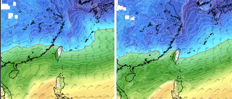 最新(16日20時)歐洲(ECMWF)模式模擬24日20時850百帕圖顯示(左圖)，平地最低氣溫可降至6度以下；美國(GFS)模式同時的模擬則降得更低(右圖)