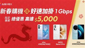 台灣大哥大推出申辦vivo、OPPO、motorola 3大品牌指定機款，搭「好速加掛」1Gbps專案。（圖／電信業者提供）