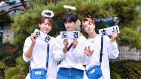 ▲「SEVENTEEN」(左起)勝寛、DK、Hoshi綜藝魂十足，玩起遊戲不輸《RM》成員。（圖／中天綜合台提供）