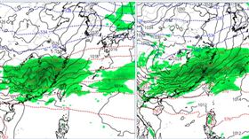圖：最新(30日20時)歐洲(ECMWF左圖)及美國(GFS右圖)模式，7日20時地面氣壓及降水模擬圖皆顯示，鋒面南下，降雨範圍擴大至中部以北。(圖擷自tropical tidbits)