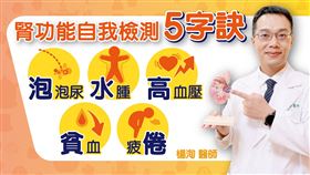 楊洵醫師提供腎功能自我檢測五字訣「泡、水、高、貧、倦」。（圖／台中慈濟醫院提供）
