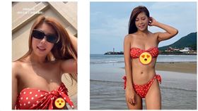 ▲啦啦隊女神Amis穿抹胸泳裝助曬，險些變成「放送事故」。（圖／Amis提供）