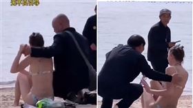 誇張！國外正妹曬日光浴　中國3大叔強行硬上非禮合拍（圖／翻自X平台）