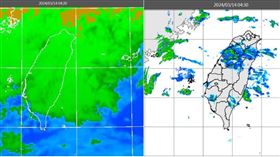 圖：今(14日)晨4：20紅外線色調強化雲圖顯示，台灣上空佈滿中層雲(左圖)。4：30雷達回波合成圖亦顯示，中層雲伴隨零散的弱降水回波(右圖)。