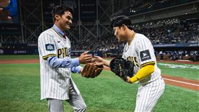 ▲金河成賽前幫朴贊浩接捕，首爾開幕戰3打數1保送。（圖／翻攝自教士推特）