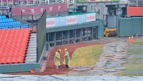 樂天桃園棒球場整修中職樂天桃猿隊因優化場地改善工程，開季前6場比賽無法在主場桃園棒球場舉行，桃園市體育局26日表示，截至25日總工程進度為99%，若中職審查通過，最快4月16日可在桃園開打。圖為3月11日樂天桃園棒球場整修進度情況。中央社記者吳睿騏桃園攝  113年3月26日