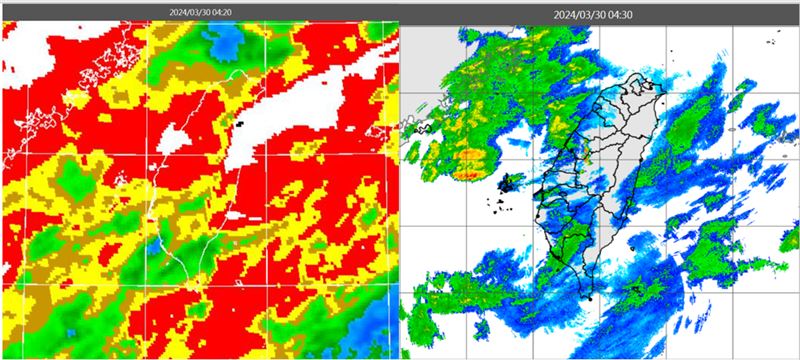 圖：今(30日)晨4：20紅外線色調強化雲圖顯示，台灣上空的雲層，大多為結構鬆散的中高雲(左圖)；4：30雷達回波合成圖顯示，台灣上空的雲層伴隨弱降水回波(右圖)