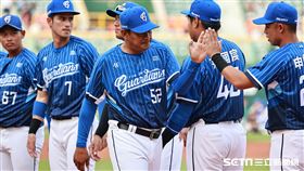 ▲台鋼雄鷹主場開幕戰，富邦悍將總教練陳金鋒和隊員擊掌。（圖／記者劉彥池攝影）