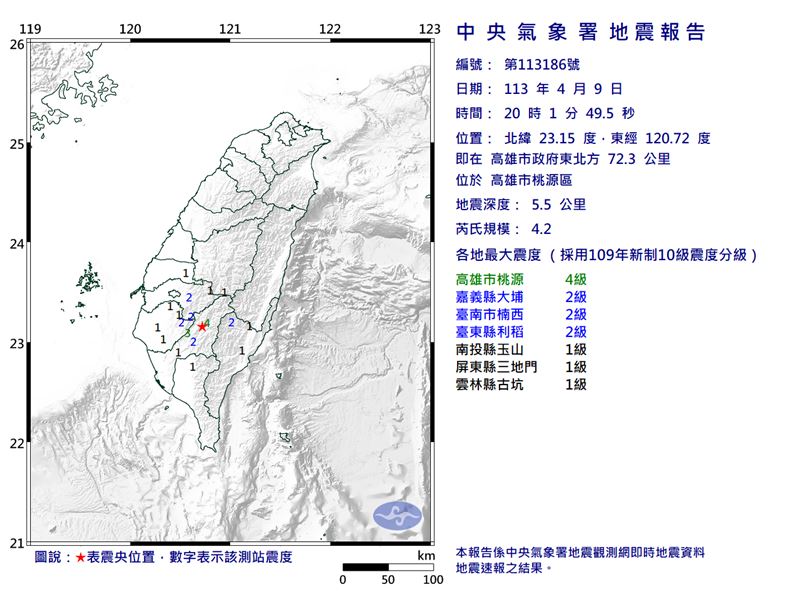 高雄晚間發生規模4.2地震。（圖／翻攝自中央氣象署）